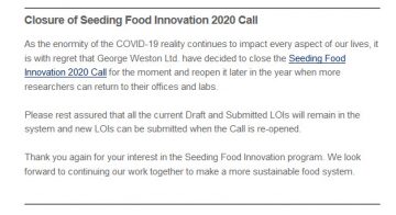 Closure of Seeding Food Innovation 2020 Call